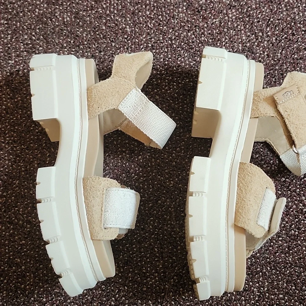 UGG White and Tan Sandals with Padded Straps - Picture 6 of 11